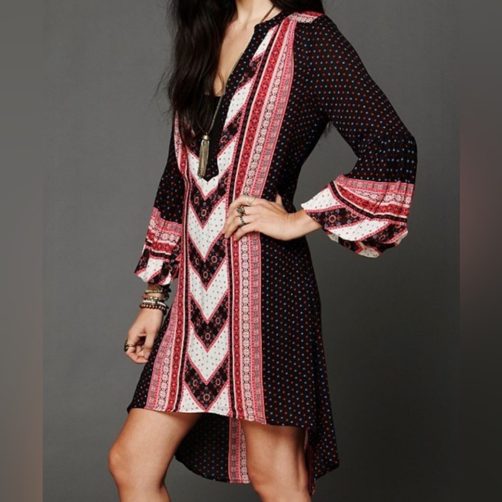 Free People Peacemaker Dress Womens Black Combo High Low Tribal Print XS A073